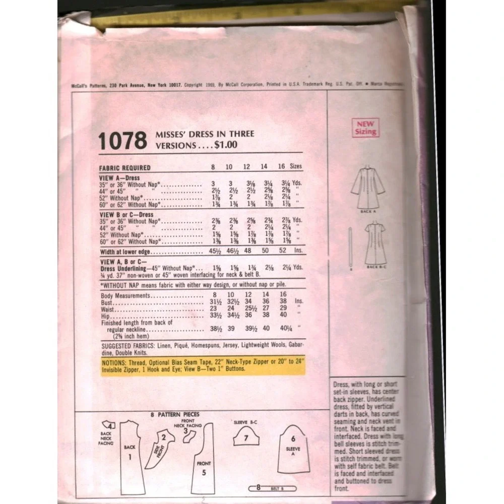 Vintage 1969 McCalls 1078 Designer Collection Dress Sewing Pattern Bust 38